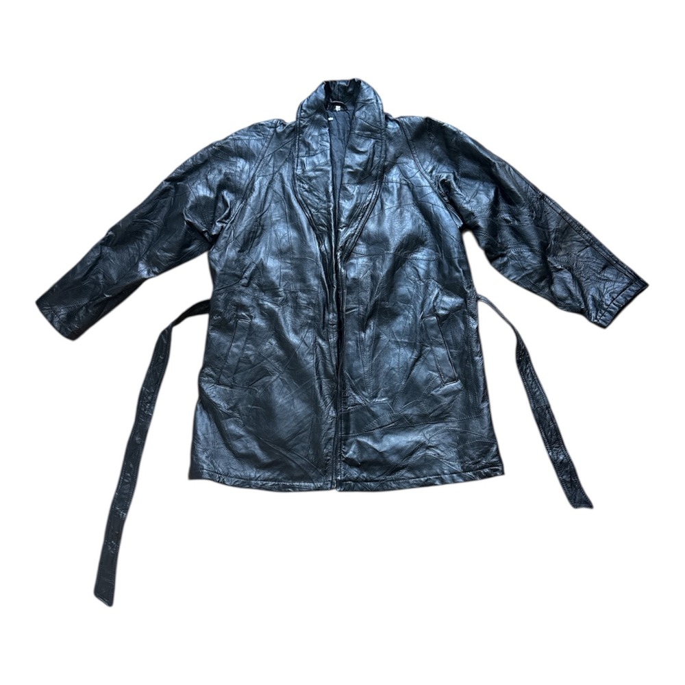 Vintage Black Patchwork Leather Duster Jacket Bel… - image 1